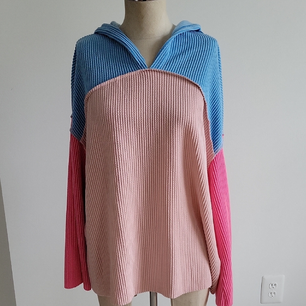 Colorblock Hooded Sweater - Blue, Pink, and Cream